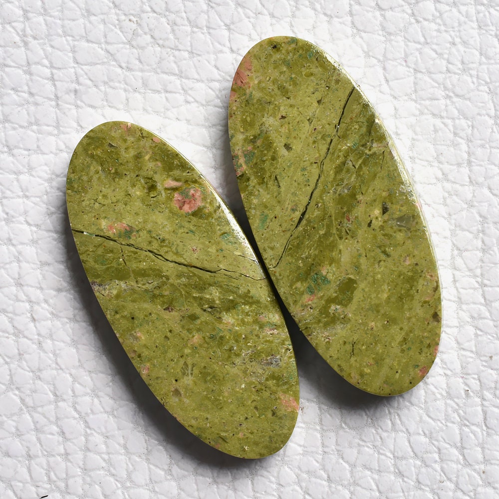 Unakite Gemstone Pair - Mixed Shape Cabochon Pair, Green Matched Stones