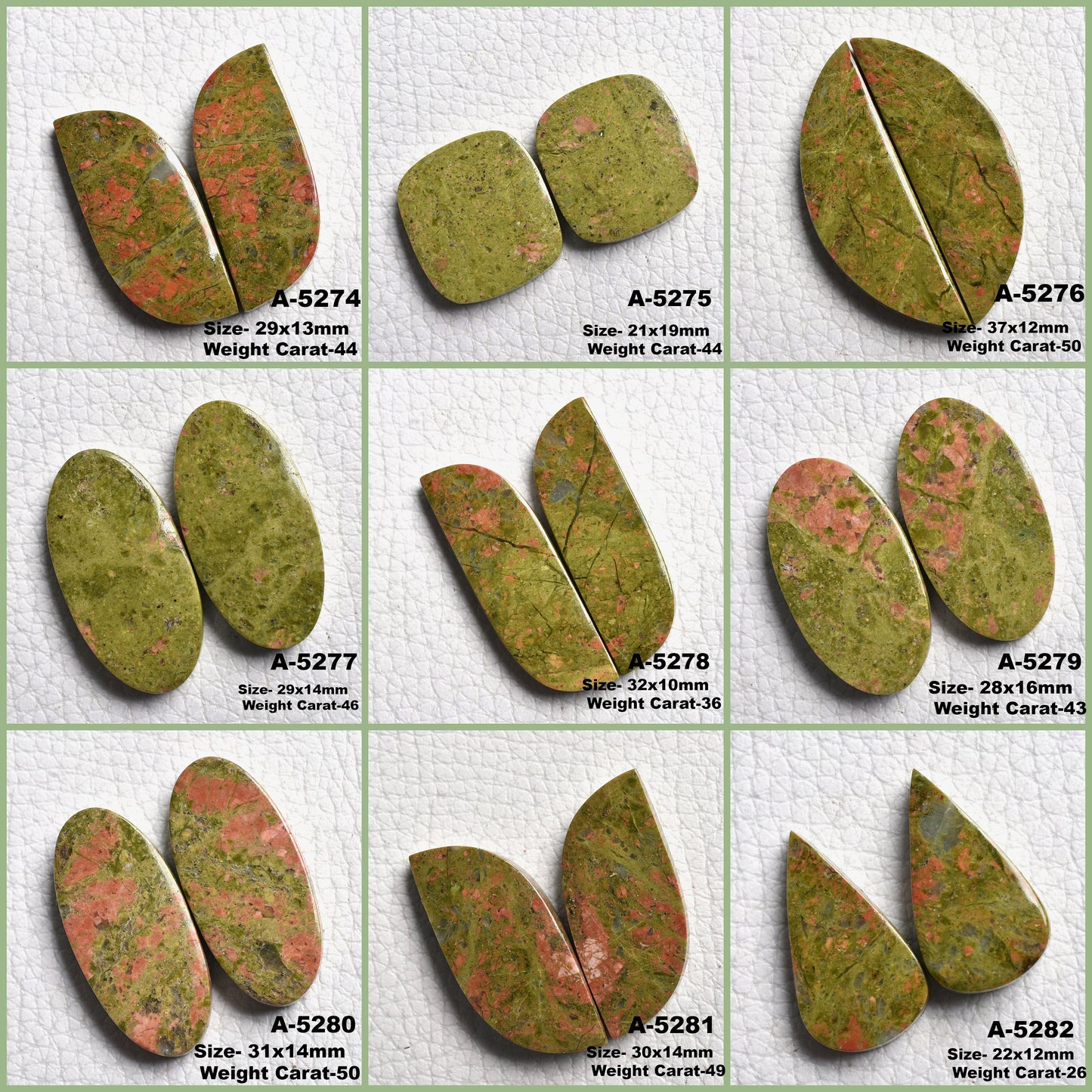 Green Unakite Gemstone Pair – Mix Shape Cabochon, Matched Earring Pair