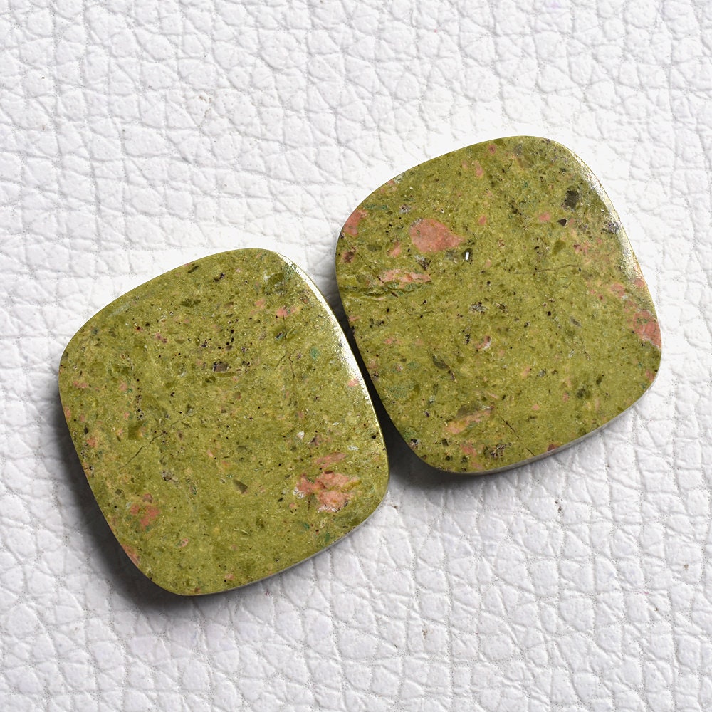 Green Unakite Gemstone Pair – Mix Shape Cabochon, Matched Earring Pair