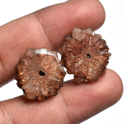 Solar Quartz Earring Pair – Round Shape Brown Stalactite Slice Cabochon Pairs