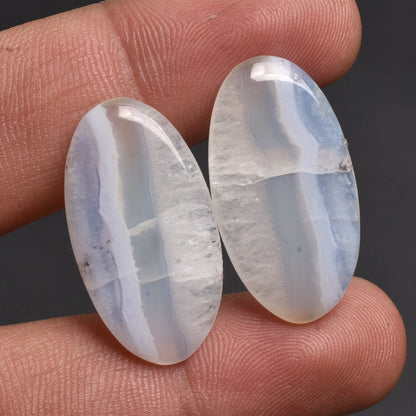 Blue Lace Agate Cabochon Pair - Semi-Precious Matched Earrings