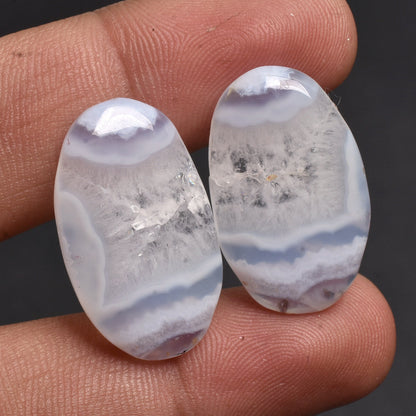 Blue Lace Agate Cabochon Pair - Semi-Precious Matched Earrings