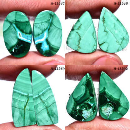 100% Natural Malachite Cabochon Pairs - Matched Green Gemstone Set for Earrings