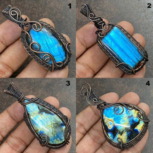 Natural Labradorite Copper Pendant – AAA Blue Fire Labradorite Wire Wrapped Jewelry