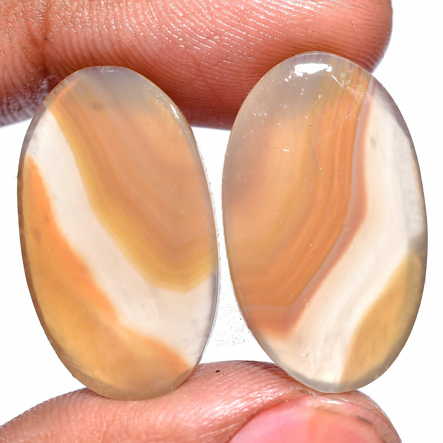 Rare Orange Banded Agate Pair – Oval Cabochon Pair, Smooth Loose Gemstones for Jewelry Making