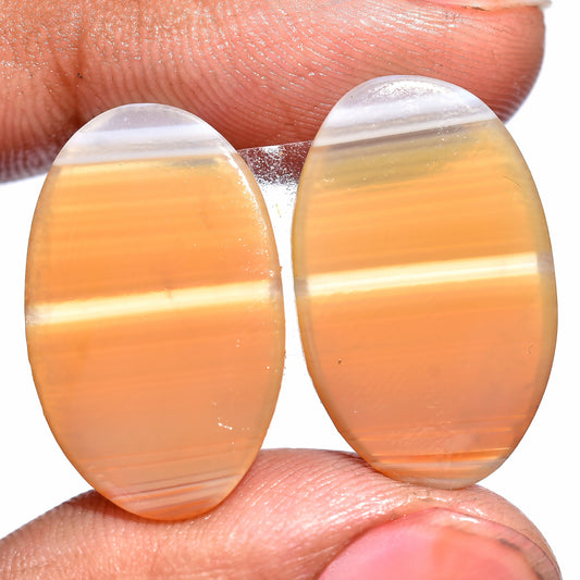 Rare Orange Banded Agate Pair – Oval Cabochon Pair, Smooth Loose Gemstones for Jewelry Making