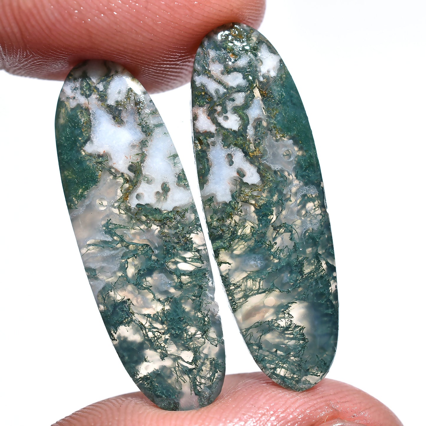 Beautiful Moss Agate Gemstone Pair for Earrings - Oval Cabochons Perfect for Custom Jewelry