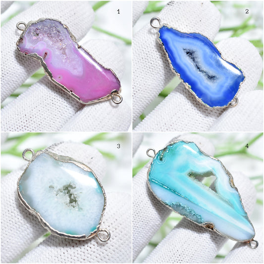 Colorful Geode Slice Connectors - Silver Electroplated Druzy Agate for DIY Jewelry Making