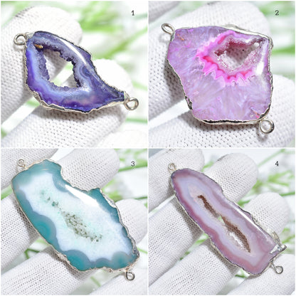 Dazzling Druzy Agate Connectors – Electroplated Silver, Colorful Pendants for DIY Necklaces