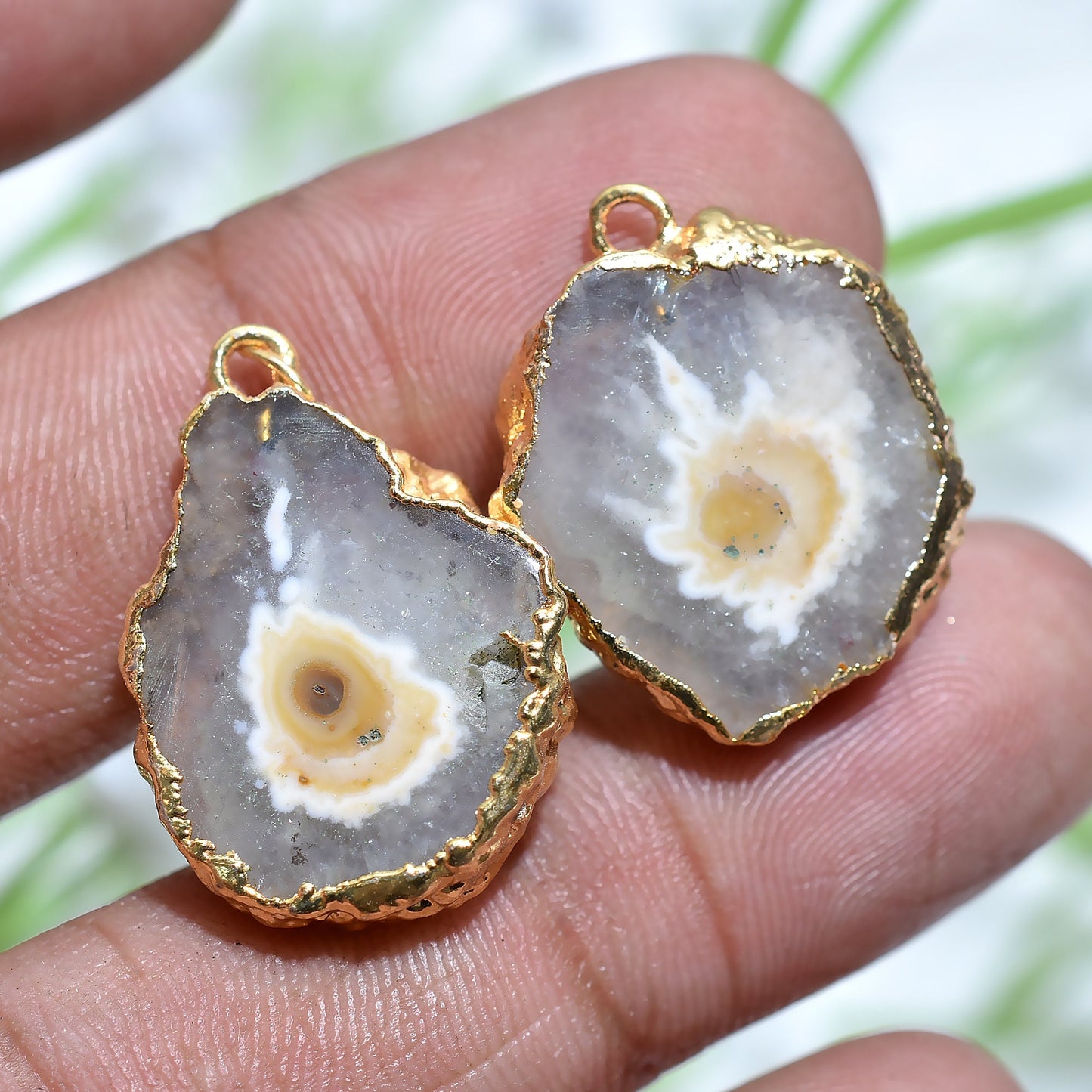 Geode Druzy Gold-Plated Earring Pair Connectors - Fancy Solar Quartz for DIY Jewelry