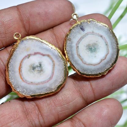 Geode Druzy Gold-Plated Earring Pair Connectors - Fancy Solar Quartz for DIY Jewelry