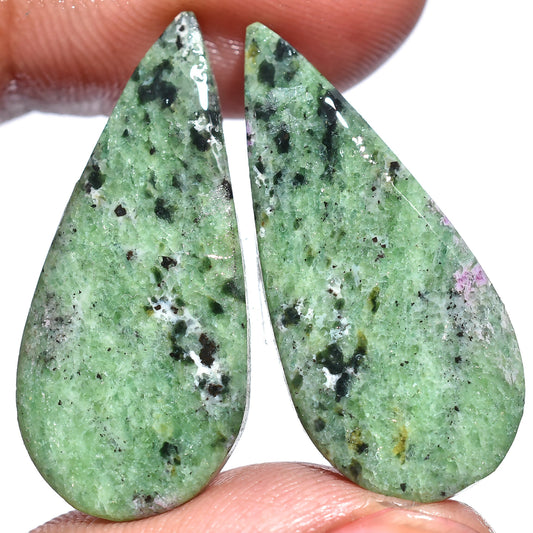 Natural Green Ruby Zoisite Gemstone - Teardrop Cabochon Pair for Earrings