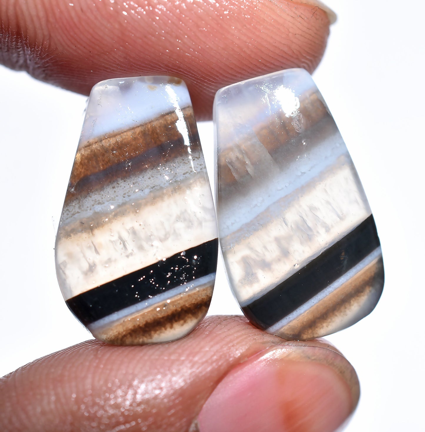 100% Natural Matched Pair Banded Agate Gemstone Earrings Pair - Fancy Shape Slice