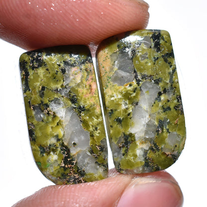 Natural Unakite Pair Cabochons – Smooth Flat Back Green Unakite for Custom Earrings