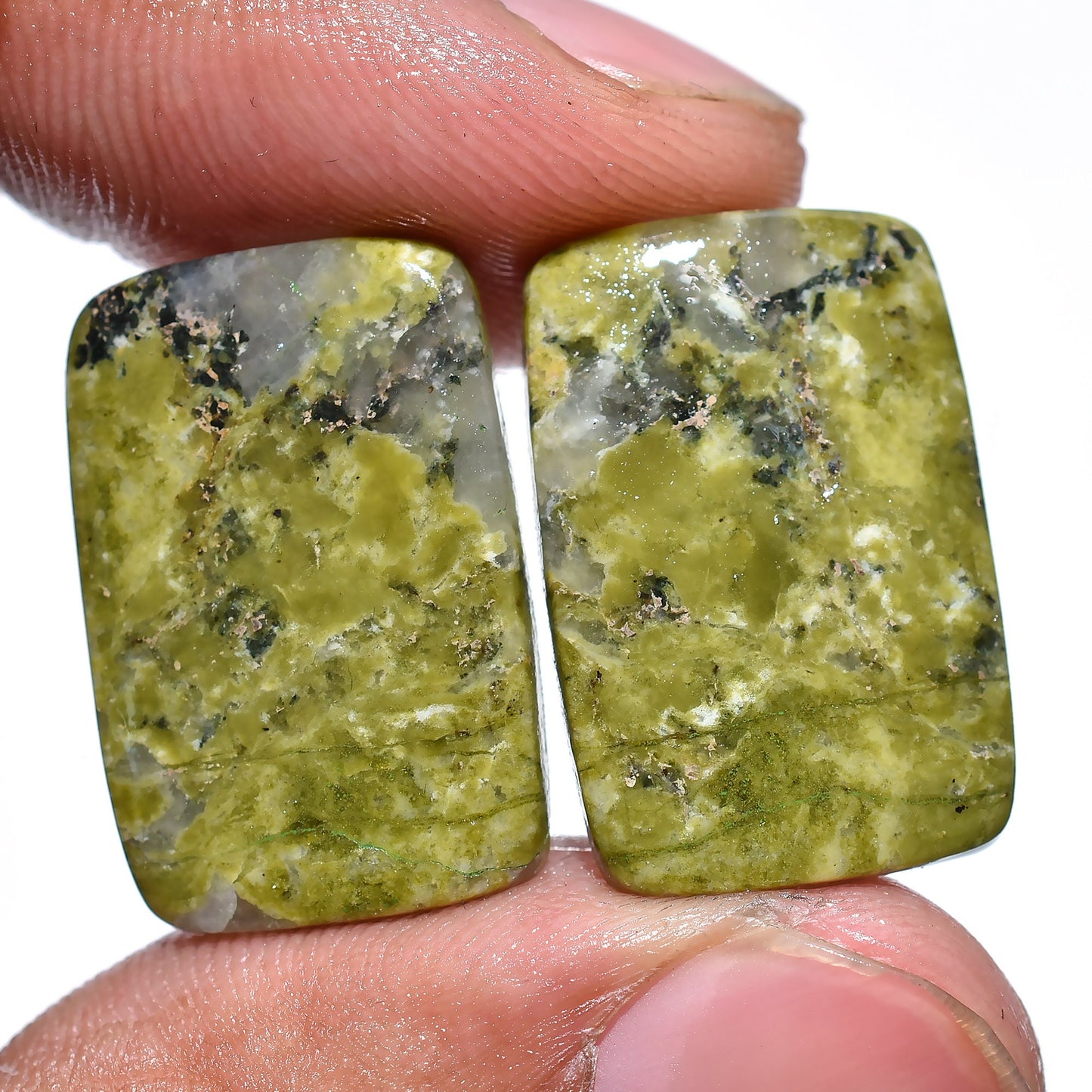 Natural Unakite Pair Cabochons – Smooth Flat Back Green Unakite for Custom Earrings