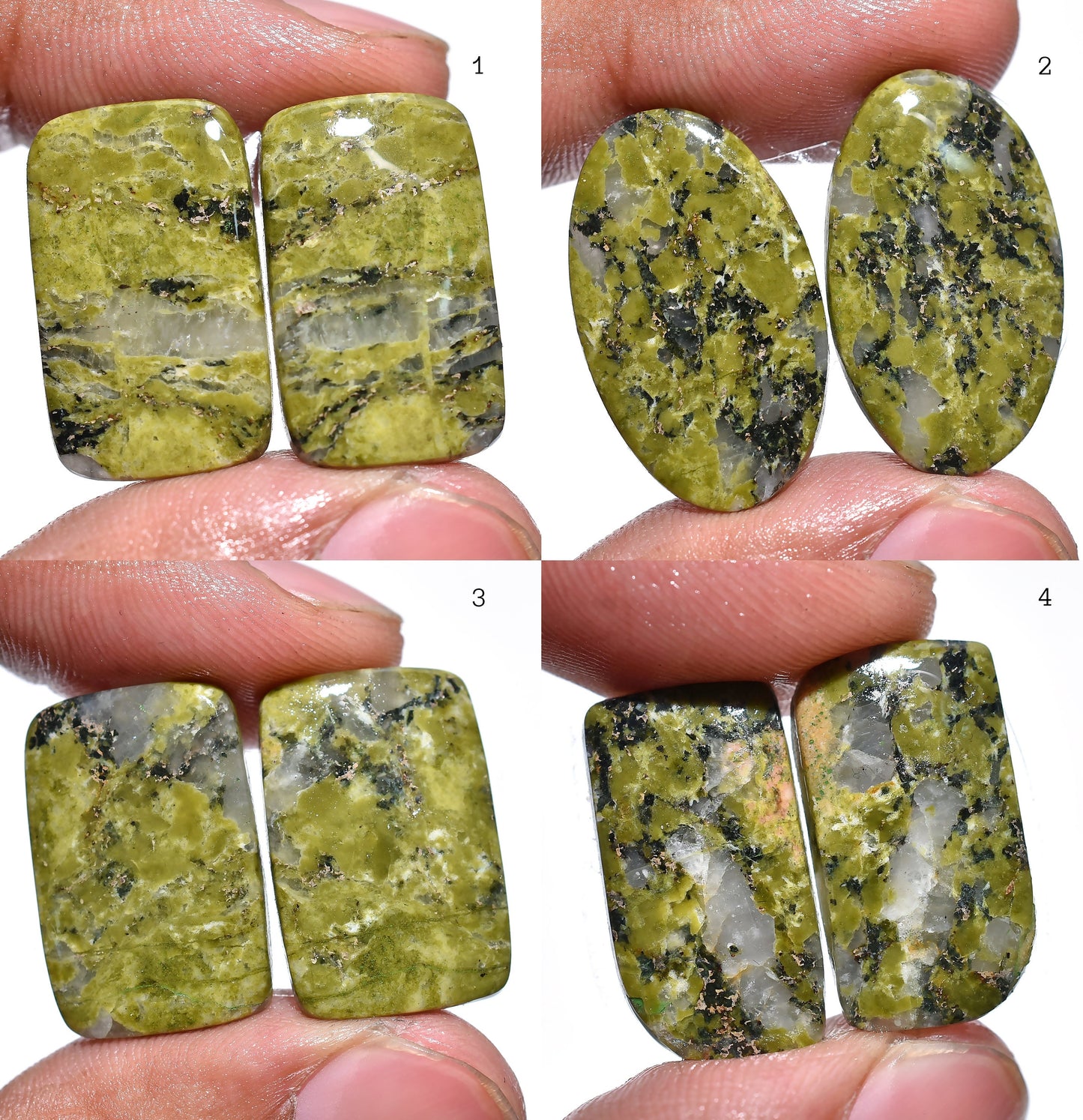 Natural Unakite Pair Cabochons – Smooth Flat Back Green Unakite for Custom Earrings