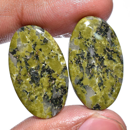 Natural Unakite Pair Cabochons – Smooth Flat Back Green Unakite for Custom Earrings