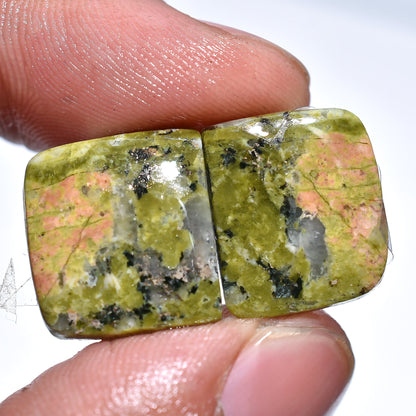 Green Unakite Cabochon Pair - Natural Gemstone for Earrings & Healing Crystal Gifts