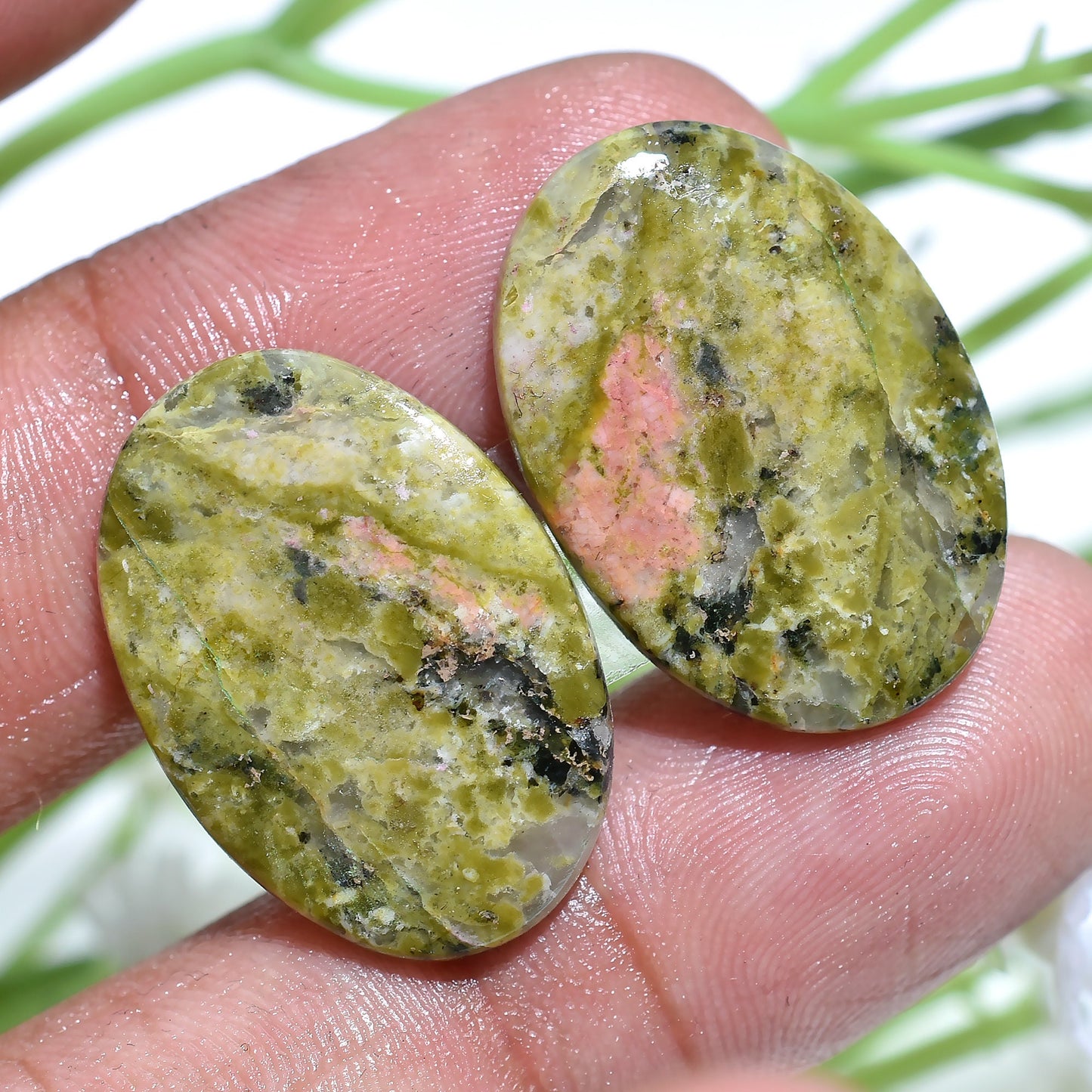 Green Unakite Jasper Pair - Smooth Mix Shape Handmade Green Cabochons