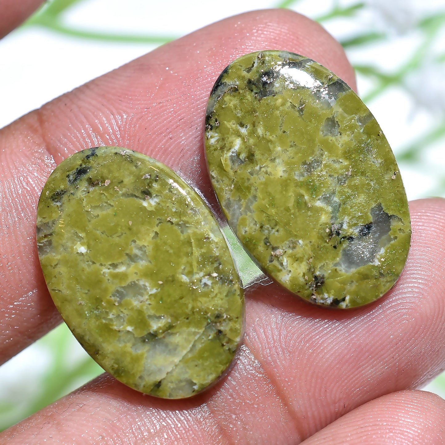 Green Unakite Jasper Pair - Smooth Mix Shape Handmade Green Cabochons