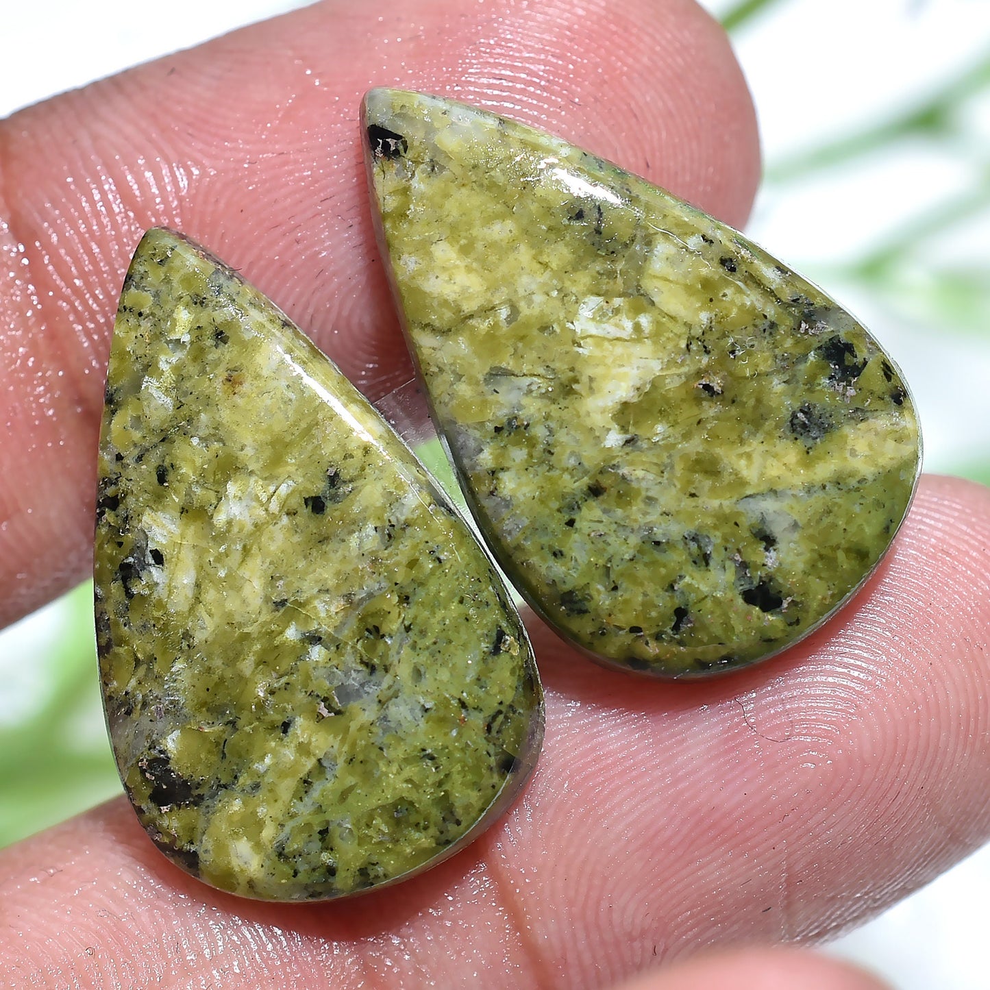 Green Unakite Jasper Pair - Smooth Mix Shape Handmade Green Cabochons