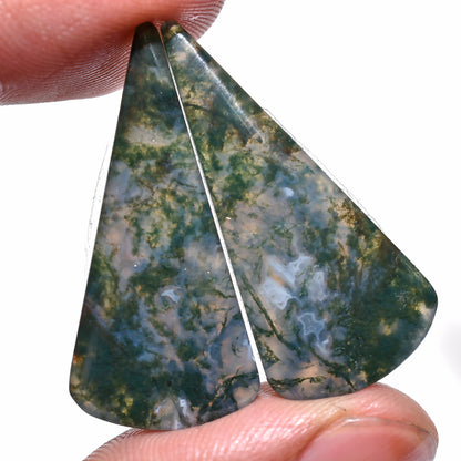 Attractive Green Moss Agate Pair Cabochons - Fancy Smooth Loose Gemstones for Earring Making