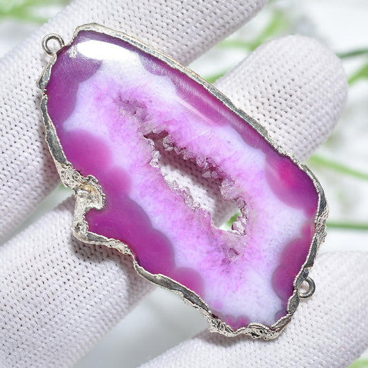 Geode Druzy Charm Connectors - Silver Electroplated Double Bail for DIY