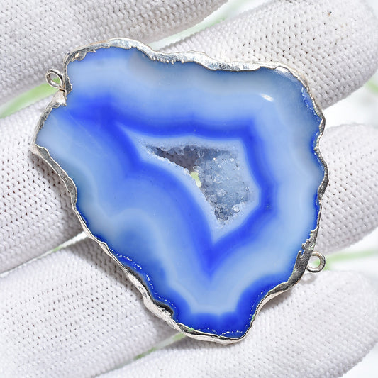 Blue Druzy Agate Charms - Double Bail Geode Agate Slice, Silver Electroplated Connectors