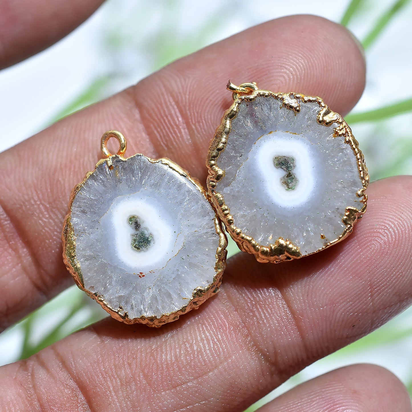 Geode Druzy Gold-Plated Earring Pair Connectors - Fancy Solar Quartz for DIY Jewelry