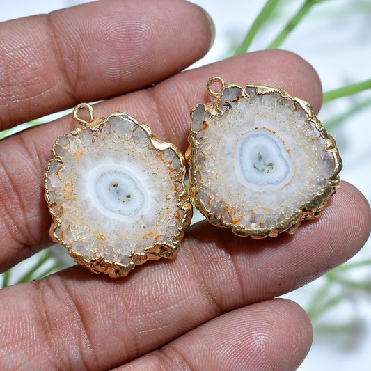 Geode Druzy Gold-Plated Earring Pair Connectors - Fancy Solar Quartz for DIY Jewelry