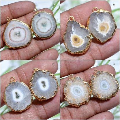 Geode Druzy Gold-Plated Earring Pair Connectors - Fancy Solar Quartz for DIY Jewelry