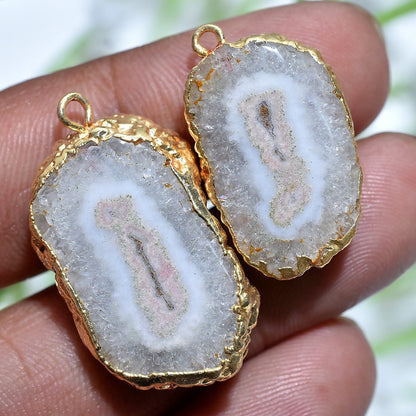 Solar Quartz Gold Electroplated Stalactite Slice | Druzy Earring Pair for DIY Jewelry