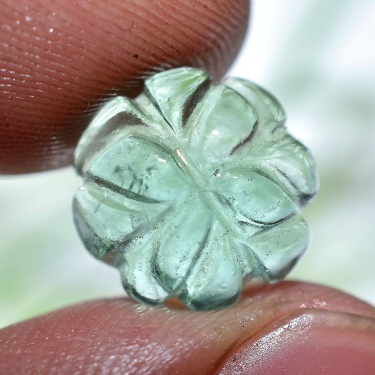 Pretty Flower Design Fluorite Cabochon - Hand-Carved Green Crystal | Small Round Loose Stone for Jewelry