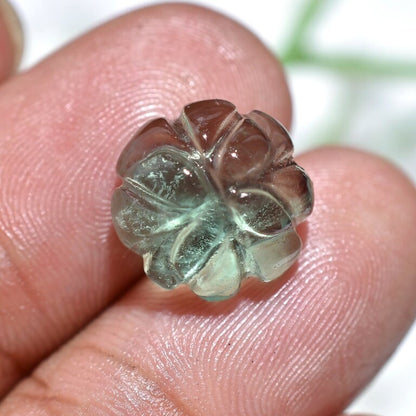 Pretty Flower Design Fluorite Cabochon - Hand-Carved Green Crystal | Small Round Loose Stone for Jewelry