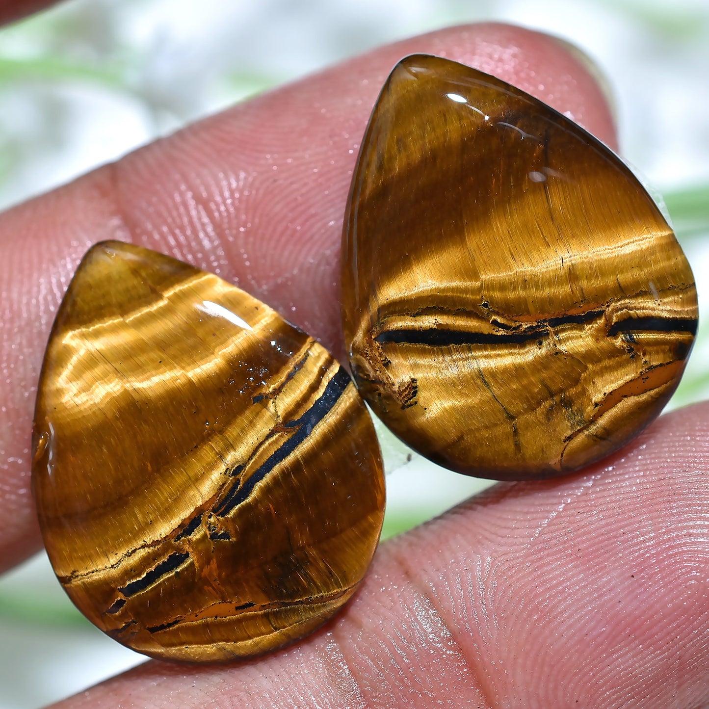 Golden Tiger Eye Cabochon Pair – Fancy Oval & Pear Gemstones for Earrings