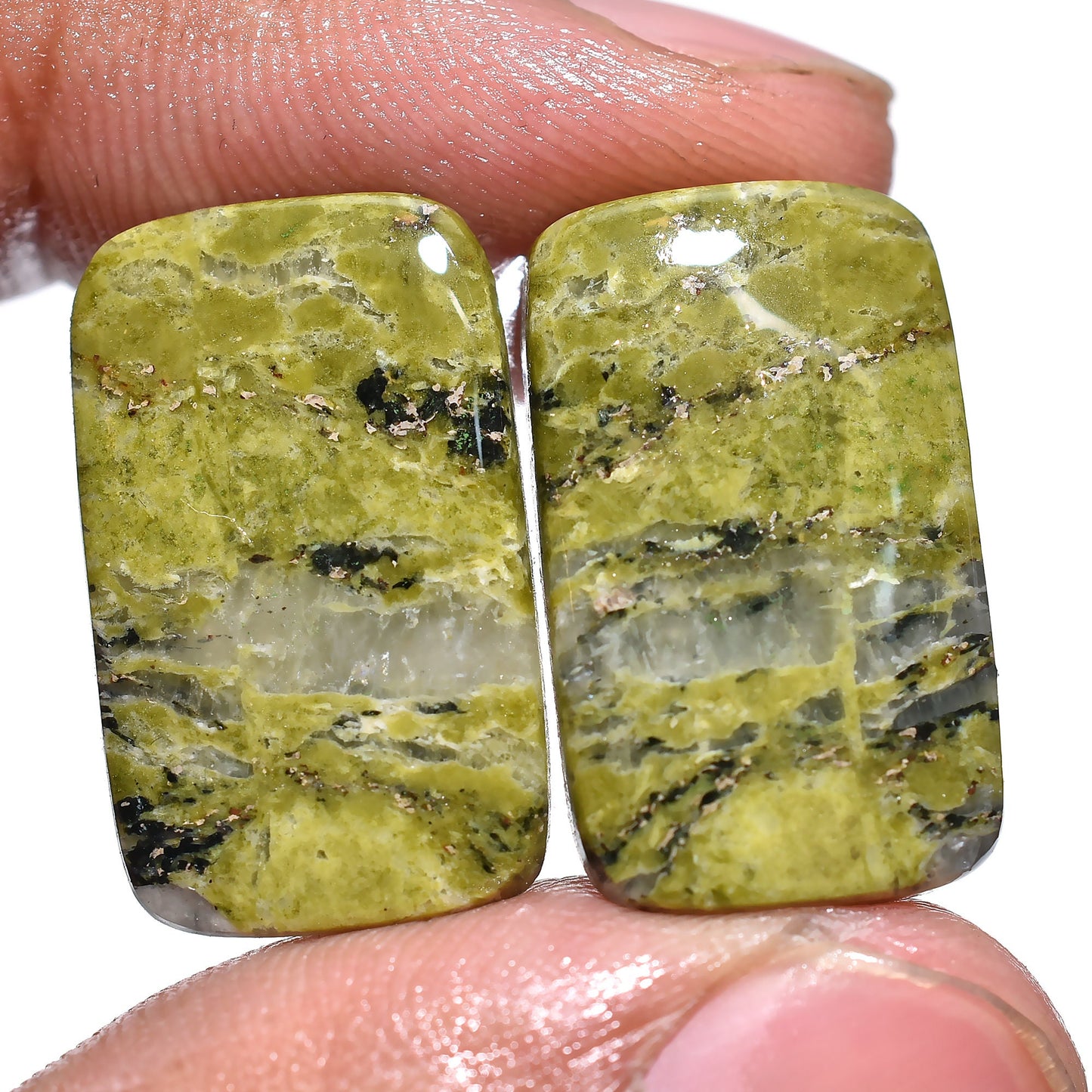 Natural Unakite Pair Cabochons – Smooth Flat Back Green Unakite for Custom Earrings