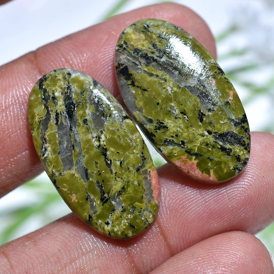 Amazing Unakite Jasper Pair - Oval & Rectangle Smooth Handmade Green Cabochons