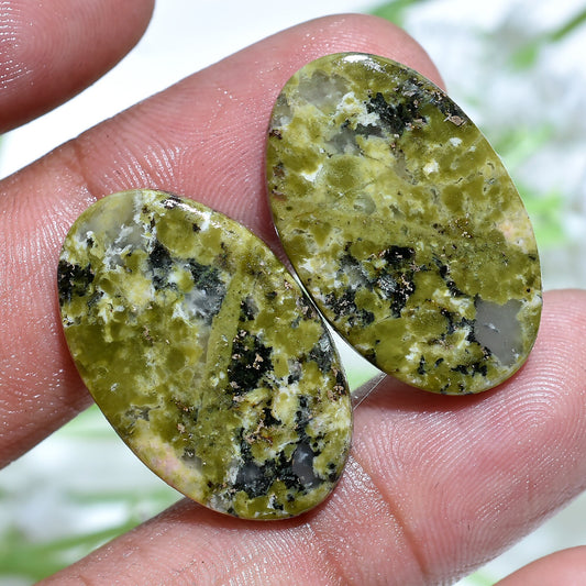 Attractive Unakite Pair - Smooth Handmade Green Jasper for Earrings