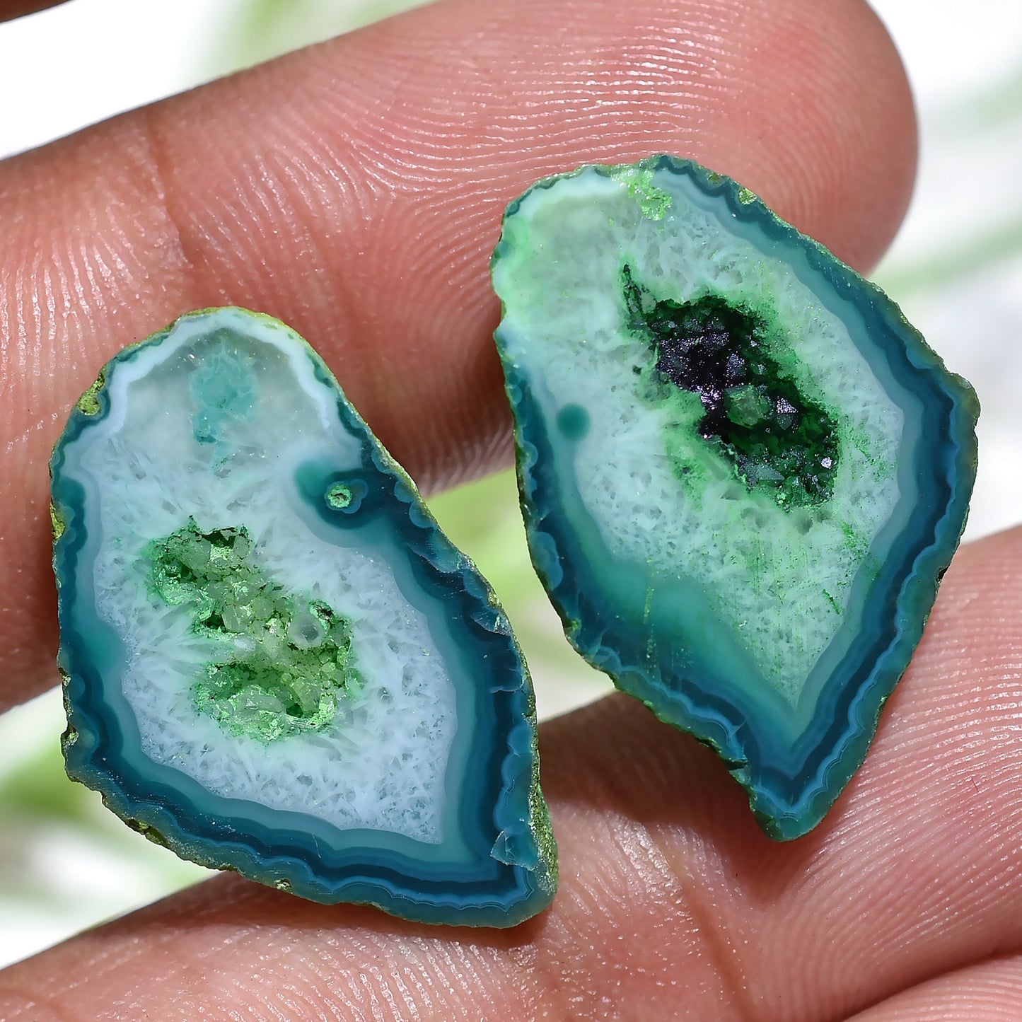 Attractive Fancy Solar Quartz Druzy Pair – Sparkling Green Natural Window Gemstones