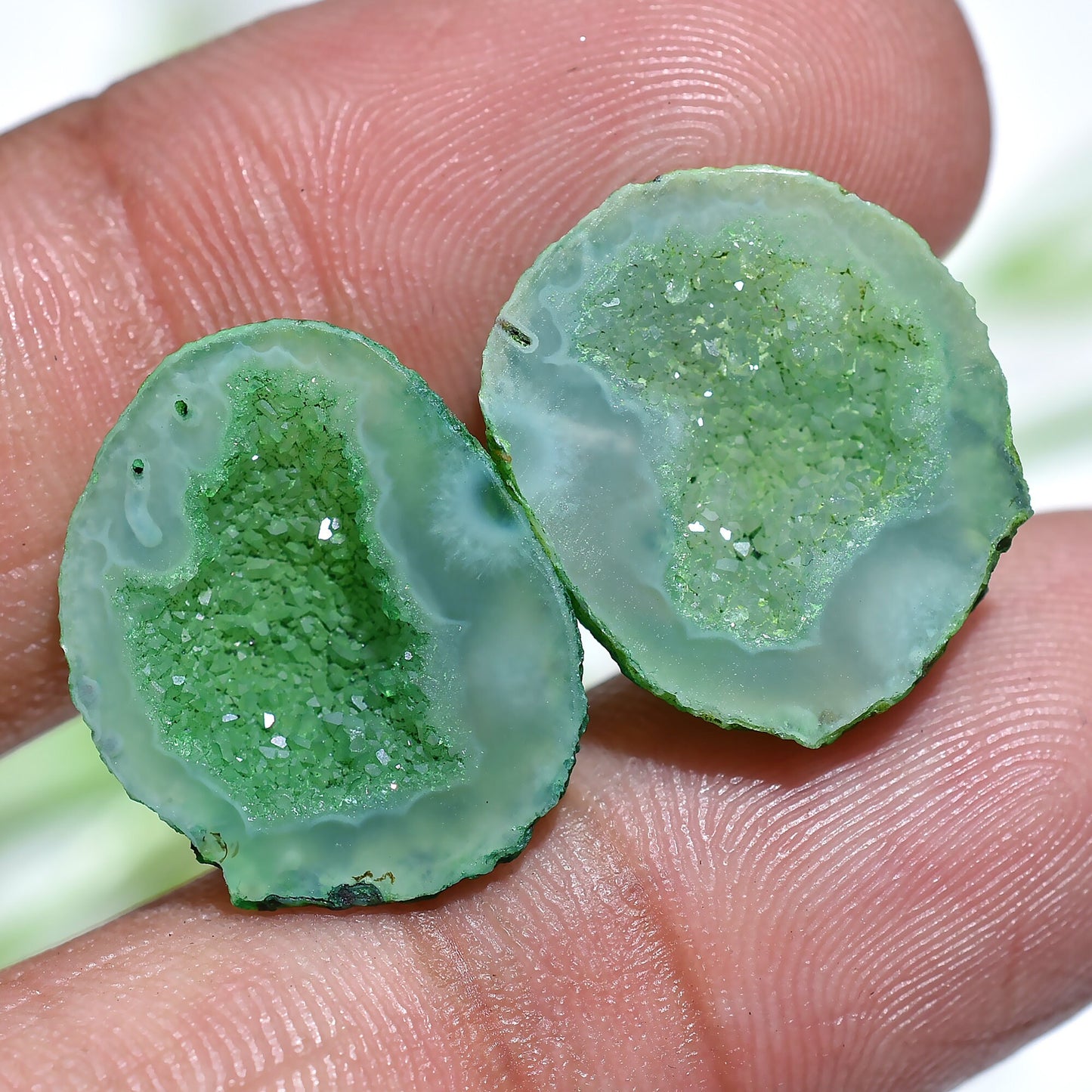 Attractive Fancy Solar Quartz Druzy Pair – Sparkling Green Natural Window Gemstones