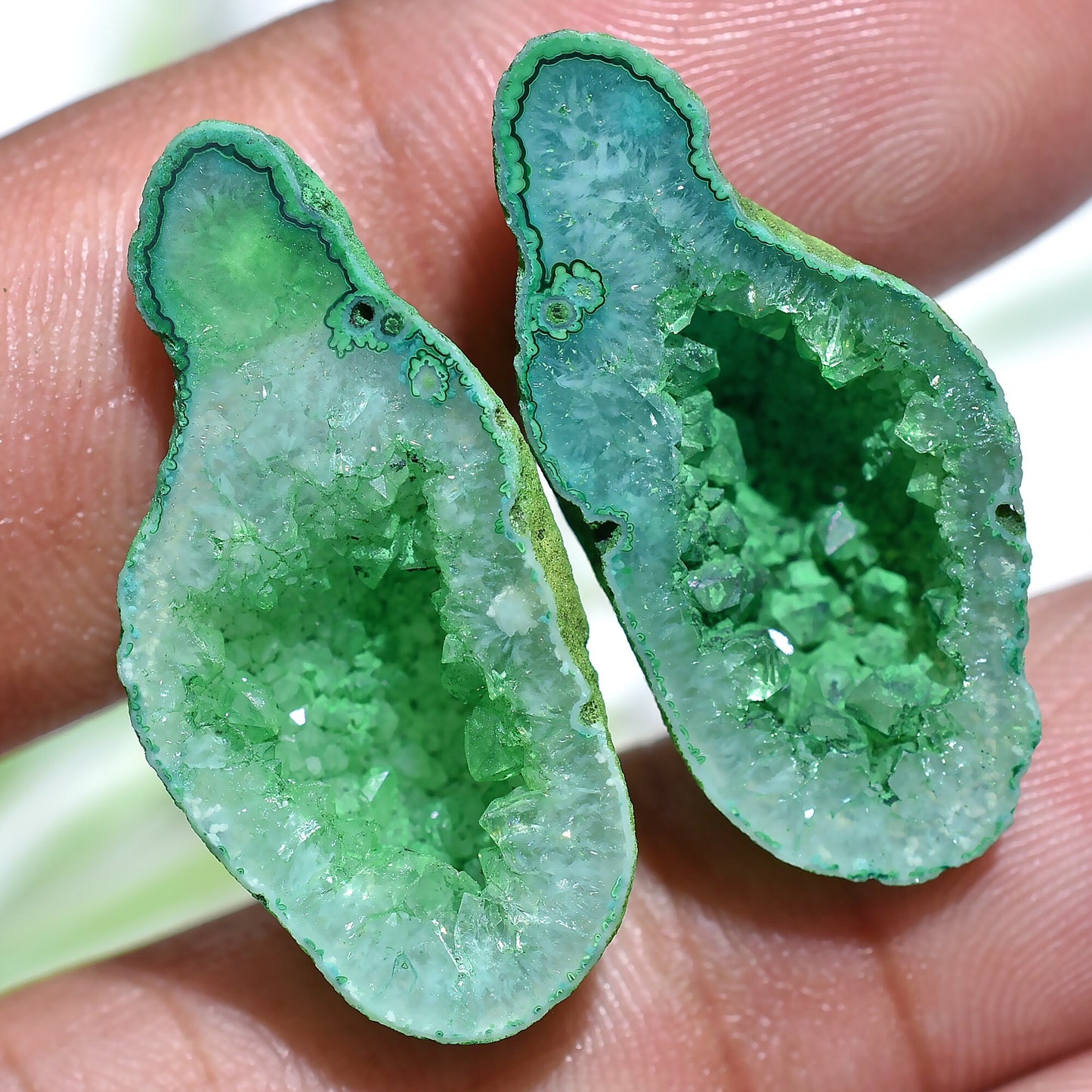 Attractive Fancy Solar Quartz Druzy Pair – Sparkling Green Natural Window Gemstones