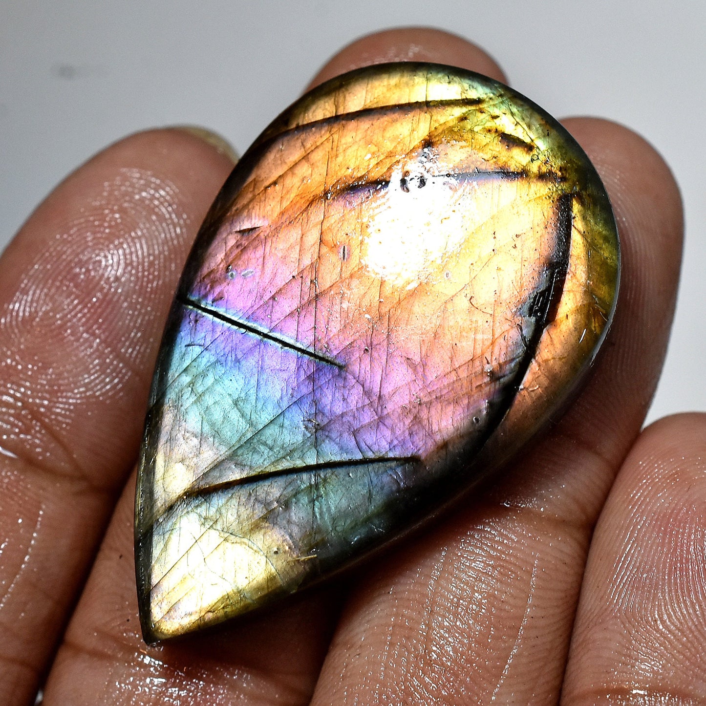 Flashy Labradorite Crystal - Pear Shaped Purple Fire Labradorite Cabochon for Jewelry