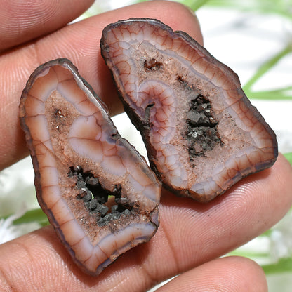 Unique Brown Window Druzy Geode Pair – Fancy Agate Druzy Pair for Handmade Jewelry & Earrings