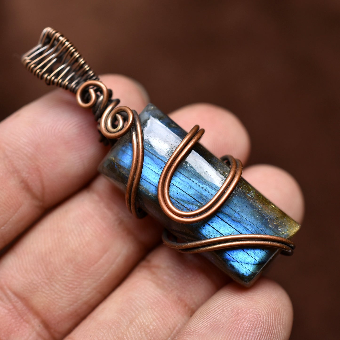 A One Quality! Natural Labradorite Gemstone Pendant – Copper Wire Wrapped Necklace