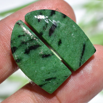 Green Ruby Zoisite Cabochon Pair – Natural Fancy Shape Stones 10x23x3mm