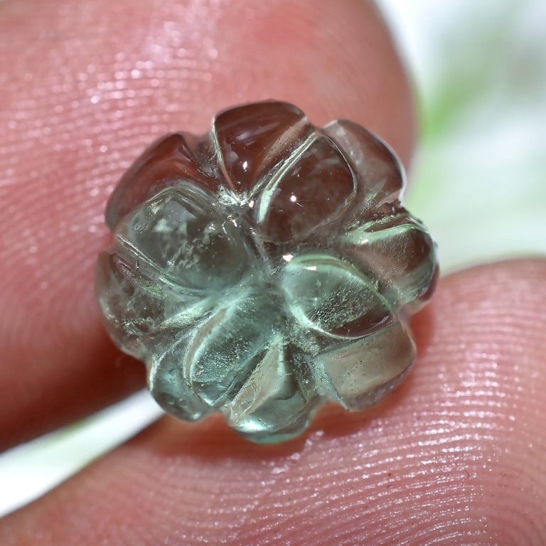 Pretty Flower Design Fluorite Cabochon - Hand-Carved Green Crystal | Small Round Loose Stone for Jewelry