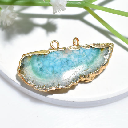 Beautiful Sky Blue Geode Pendant – Fancy Solar Quartz Double Bail Gold Electroplated Necklace