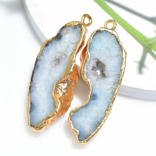 Window Druzy Gold Electroplated Earring Pair - Solar Quartz Gemstone Pair with Connector, DIY Geode Earrings for Women