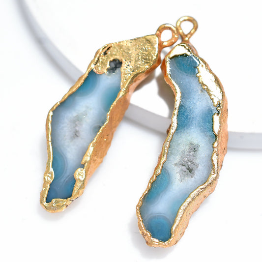 Blue Grey Window Druzy Earrings Pair - Light Geode Gold-Plated Bali Earring Set