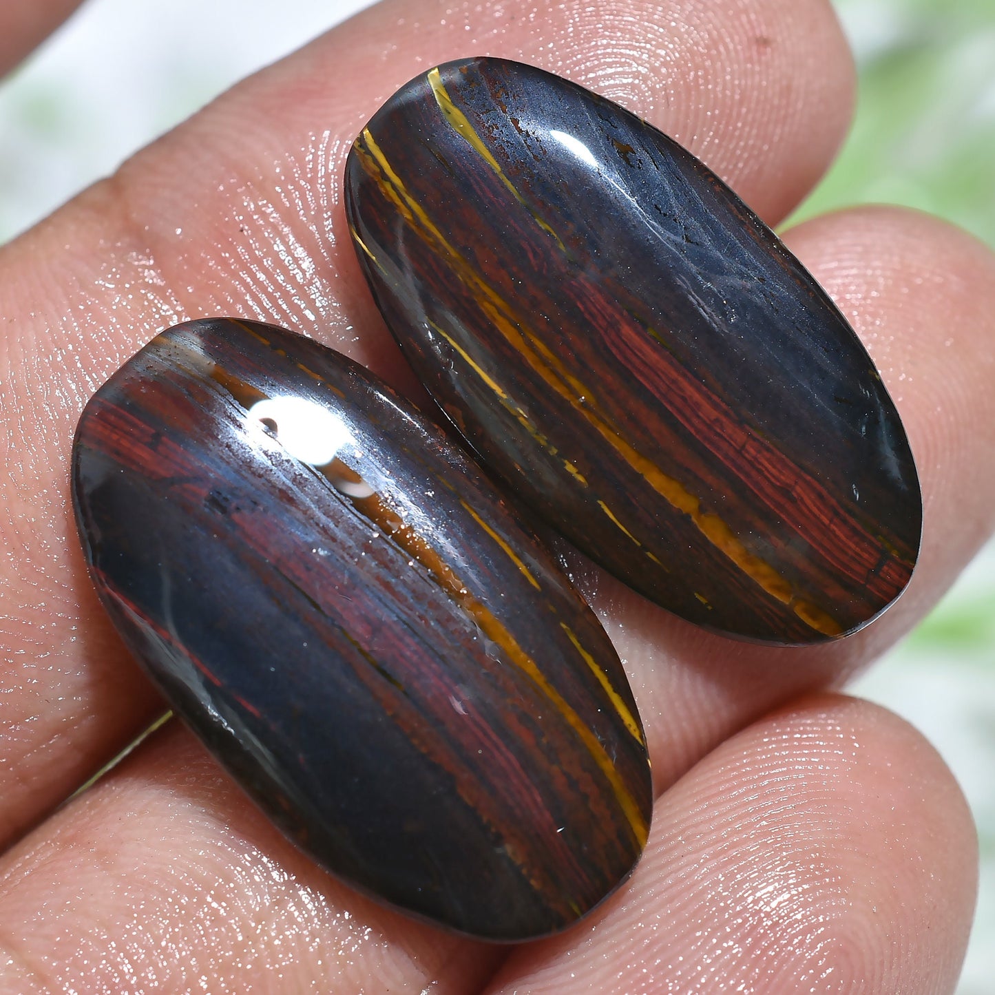 Iron Tiger Eye Gemstone Pair - Oval Smooth Polished Cabochon for Earring Making